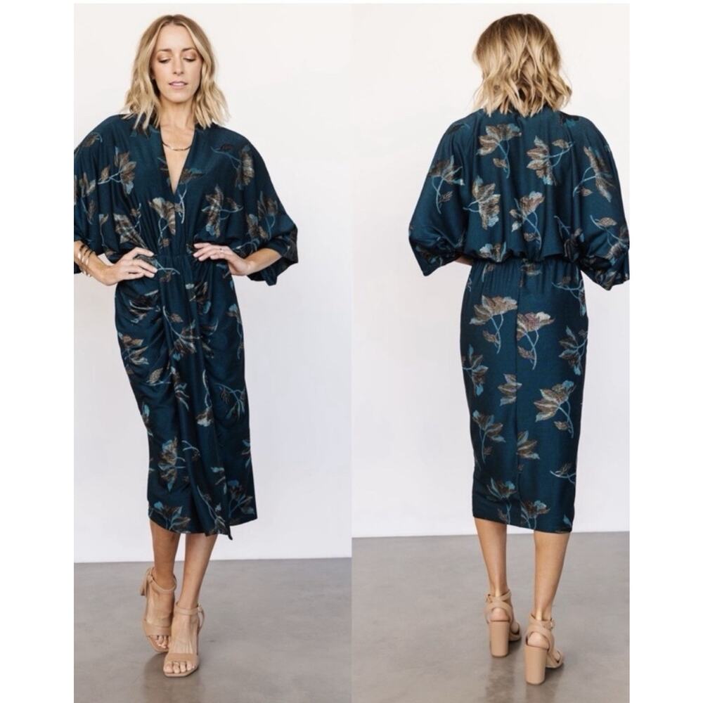 Baltic Born Teal Floral Kimono Sleeve Midi Dress NWT Medium Surplice Stretch
